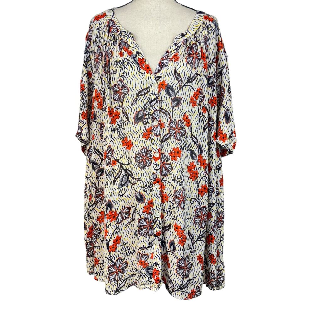 Roaman’s SZ 32W Tunic Top Button-Up Floral Short Sleeves Lightweight V-Neck